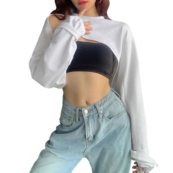 

women's t-shirt women asymmetrical short crop autumn adults solid color batwing sleeve round neck pullover bandage decor, White