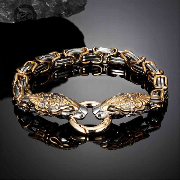 Nunca desvanece Viking Dragon Head Braceletes Homens de Ouro Aço Inoxidável King Cadeia Cadeia Pulseira Nordic Amuleto Punk Masculino Jóias Presente