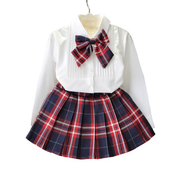 Herbst- und Frühlingsschule Stil Mode Mädchen Kleid Set Weißes Hemd Top mit Plaid Knoten Krawatte + Plaid Kleidung 210515