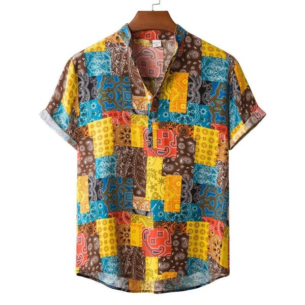 

men's casual shirts feitong 2021 short sleeve brand men clothing summer fashion stand collar patchwork cotton linen blouse beach, White;black