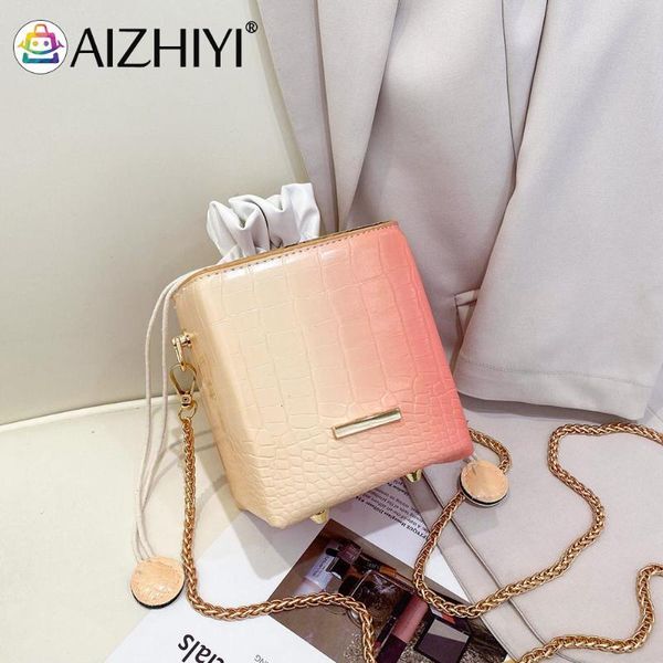 

fashion women box shape gradient color pu leather shoulder crossbody bag casual ladies drawstring chain small handbag purse cross body