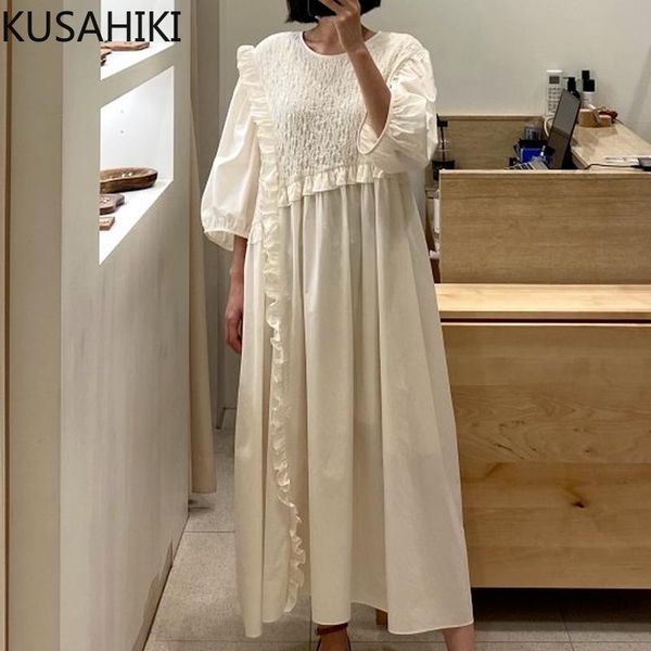 

casual dresses kusahiki 2021 korean chic ruffle folds patchwork causal puff sleeve o-neck women dress sweet a-line vestidos 6l385, Black;gray