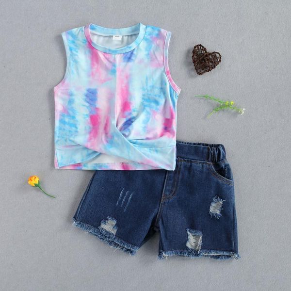 

little girls vest set, tie dyed print o neck sleeveless and denim shorts 2-piece suits summer 2021 clothing sets, White