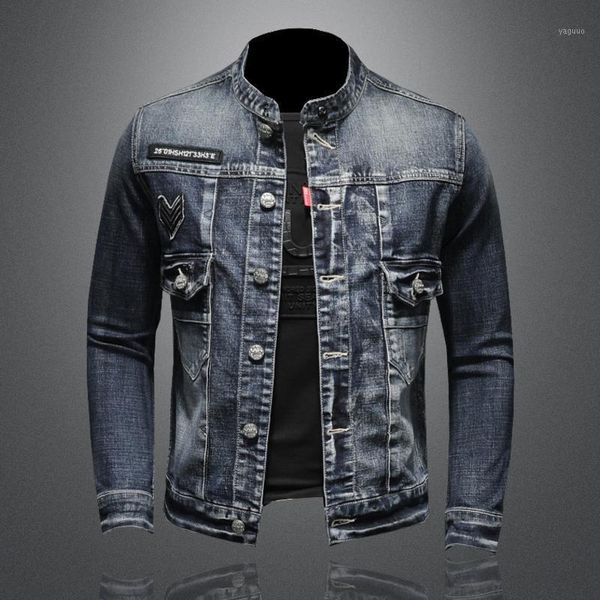 

spring and autumn men's solid stand collar single breasted slim vintage long-sleeved denim jacket jackets, Black;brown