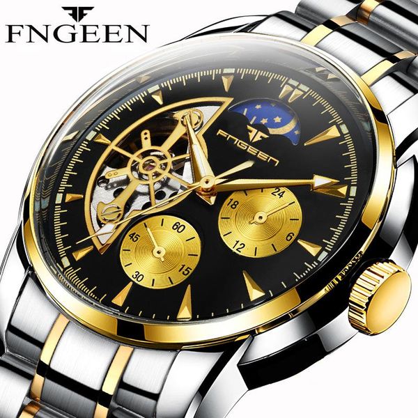 

wristwatches fngeen automatic mens watches brand mechanical tourbillon wrist watch waterproof business stainless steel sport, Slivery;brown