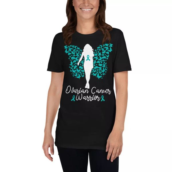 

ovarian cancer awareness cool teal ribbons butterfly women shirt, White;black