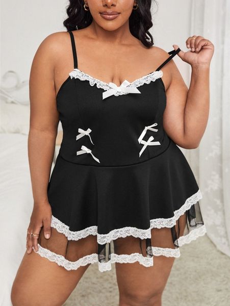 

plus contrast lace bow front slips with thong t87b#, Black;white