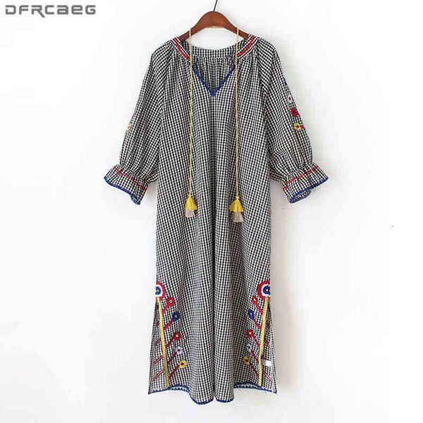 

women's blouses & shirts red black midi women dress elegant embroidery long plaid vestido boho beach loose lace 7eln, White