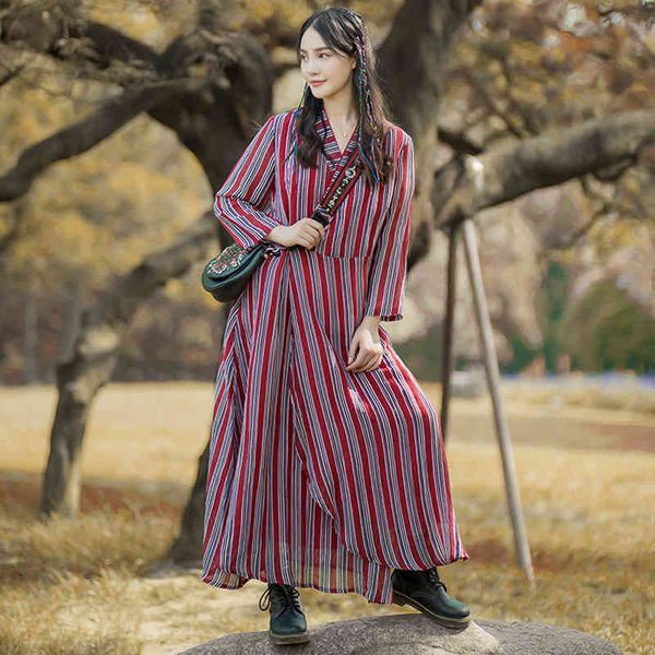 

johnature women vintage striped v-neck dress cotton linen long sleeve high waist irregular autumn clothes female dress 210521, Black;gray