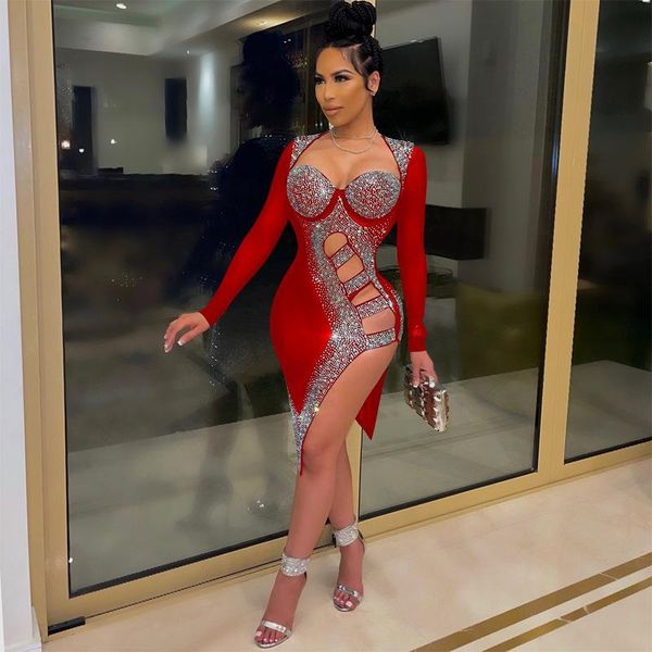 

casual dresses women's clothing summer 2021 fashion mesh diamond perspective night club dress long sleeve hollow out split evening part, Black;gray