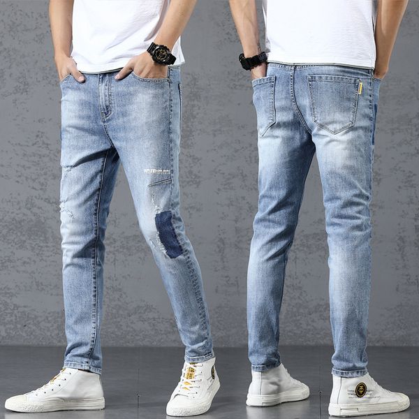 

2021 embroidered jeans men's korean slim elastic leggings youth casual pants, Blue