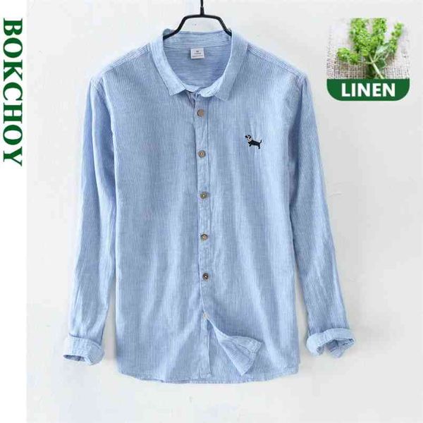 

vintage men shirts cotton and linen long-sleeved shirt spring autumn style stripe embroidered cute dog 210721, White;black