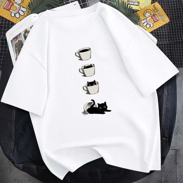 

men's t-shirts 2021 cotton round neck 14-color summer short-sleeved cartoon teacup cat print t-shirt fashion cute casual daily top, White;black