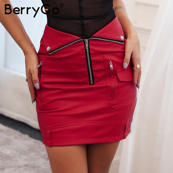 

skirts berrygo pu leather zipper pockets women mini skirt fashion bodycon high waist party bottom club 2021, Black