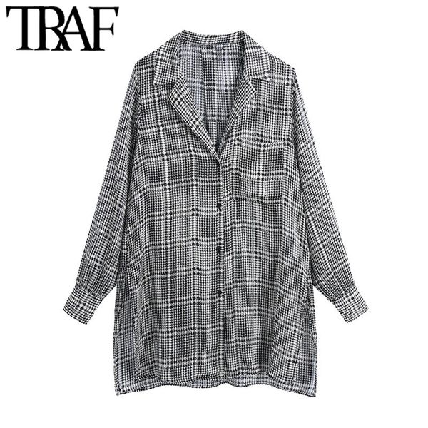

traf women fashion with pockets oversized houndstooth blouses vintage long sleeve side slit hem female shirts chic 210415, White