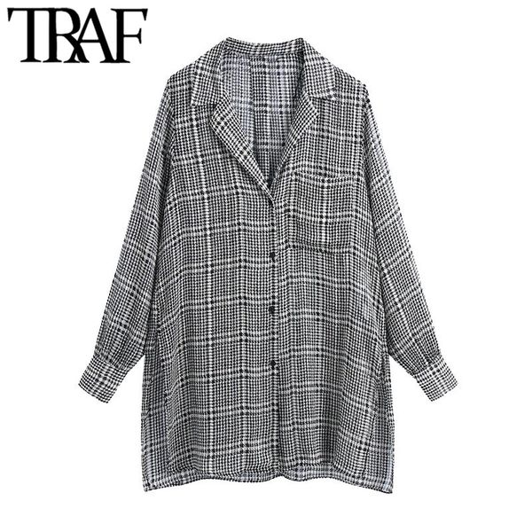 TRAF Mulheres Moda Com Bolsos Oversized Houndstooth Blusas Vintage Manga Longa Side Side Hem Feminino Camisas Chique Tops Chique 210415