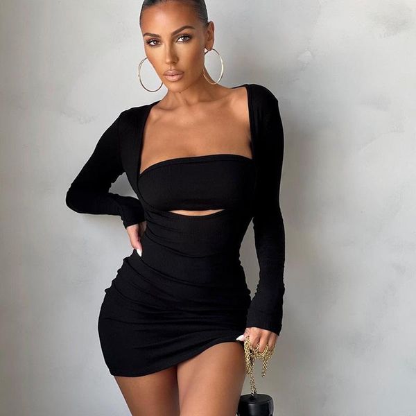 

casual dresses women knitted dress long sleeve deep v-neck chest wrapping bodycom solid elegant ladies clothes, Black;gray
