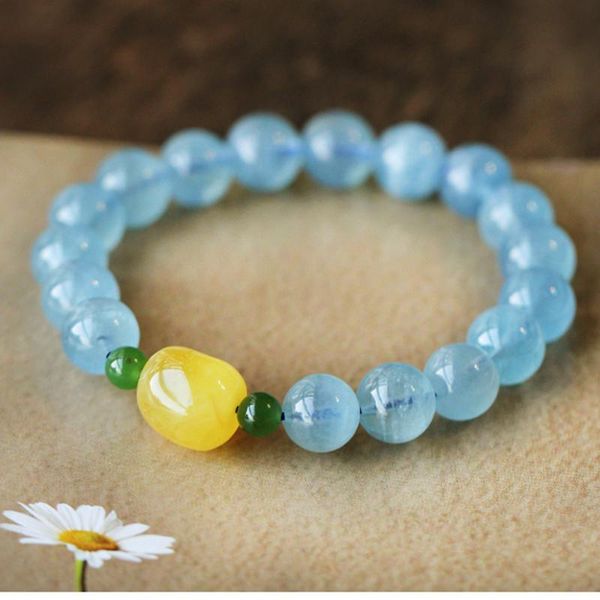 

beaded, strands nature aquamarines 8 mm 10 round bead women bracelet really blue color green jades elastic thread bracelets, Black