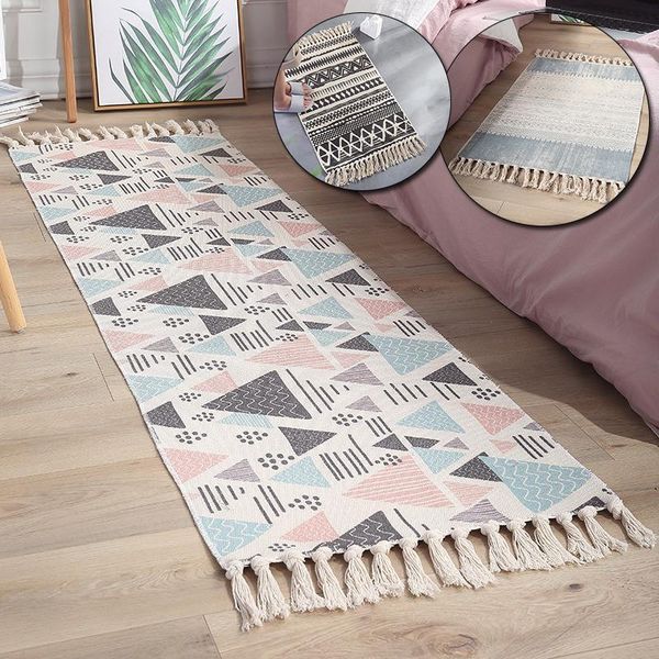 

bohemian carpet hand woven cotton linen rug bedside geometric floor mat living room bedroom home decor carpets