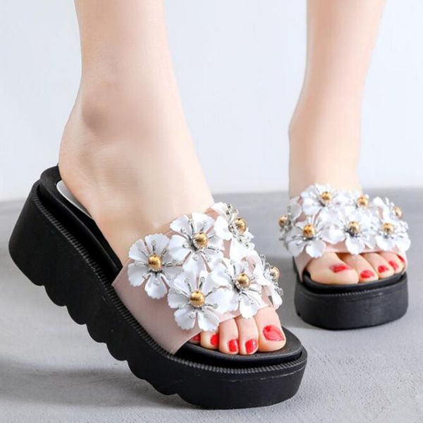 

slippers women's in summer wear thick crust with flowers flip flops female cool fashion beach shoes women xx33, Black