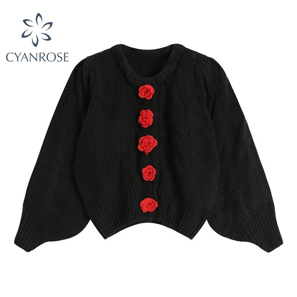 

black long sleeve crop knitwear women flower button retro sweater spring loose leisure elegant ulzzang y2k knitted lady 210430, White