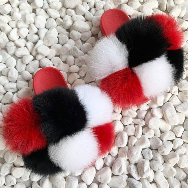

pom fur slides women real slippers flip flops flat fluffy ball sandals, Black