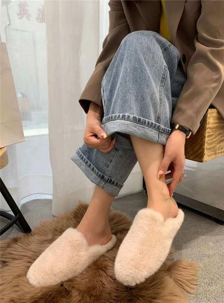 

brand fur slippers woman solid flat mules shoes casual warm plush winter designer female indoor, Black