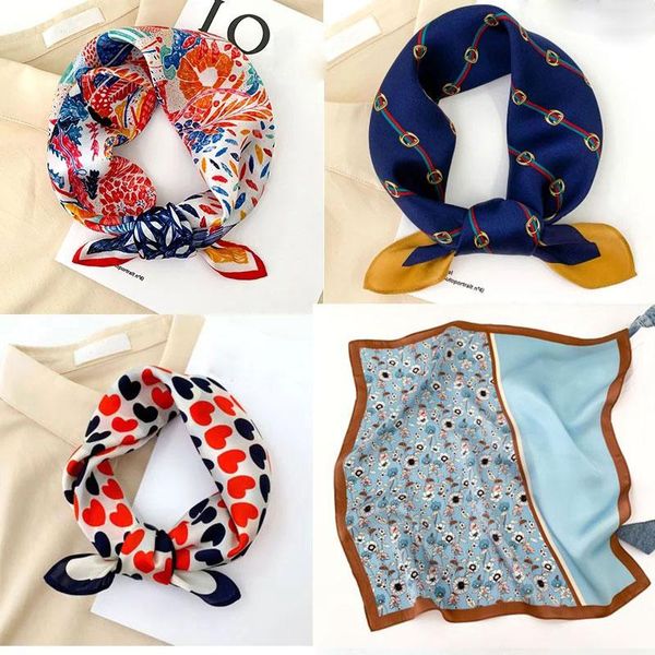 

scarves 100% pure silk scarf women neck hair band foulard square small headband 2021 fashion print neckerchief bandana 53*53cm, Blue;gray