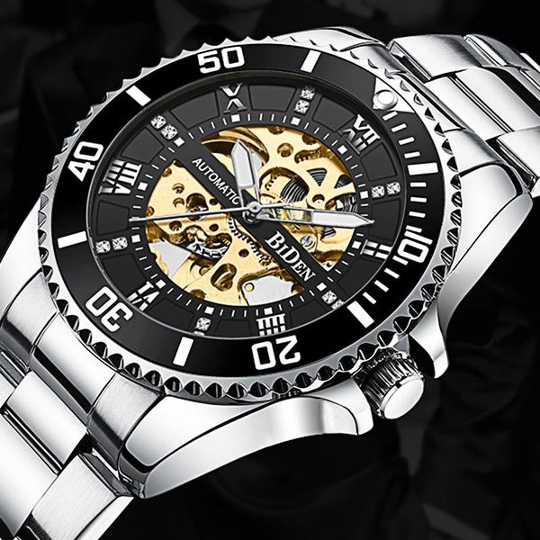 

wristwatches biden luxury men mechanical watch skeleton automatic self-wind stainless steel sport male clock relogio masculino, Slivery;brown