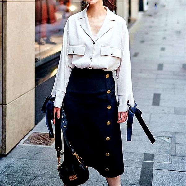 

women's suits & blazers office lady striped two piece set women 2021 autumn vintage full sleeve bownot notched blouse and elegant skirt, White;black