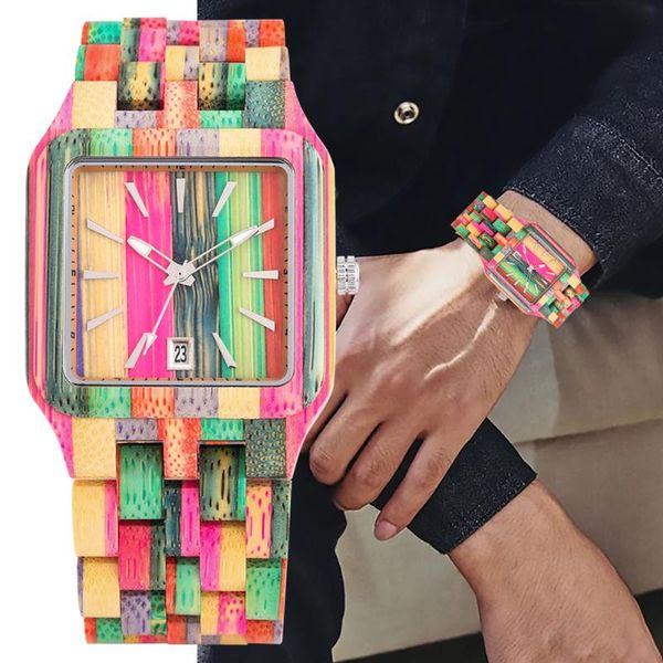 

wristwatches full wood watch quartz fashion colorful square men women wooden gifts for dad watches minimalist dial with calendar retro, Slivery;brown
