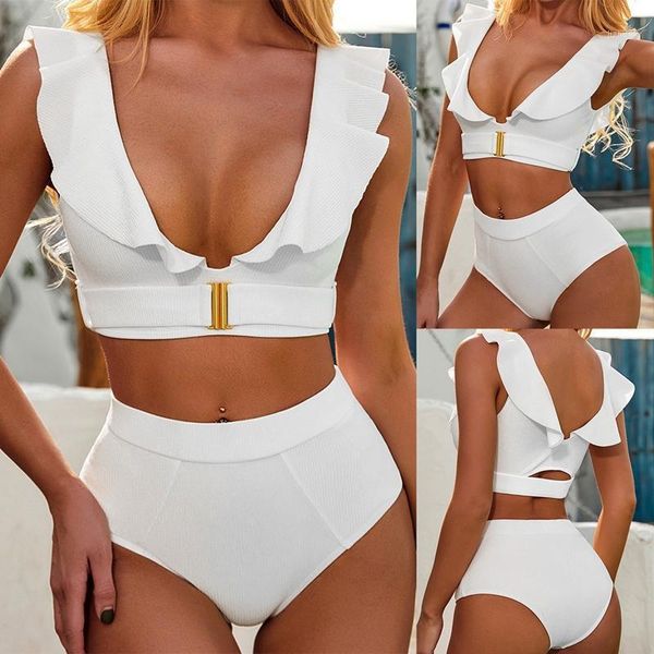 

women's swimwear fashion bikini 2-piece ruffle swimsuit set white, White;black