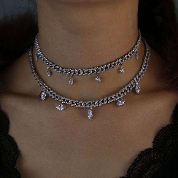 

new trendy cuban tennis chain tassel shiny cz snowflakes charm choker necklace 32 + 10cm for women elegant vanlentine's gift x0509, Black