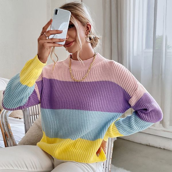 

women's lazy style loose sweater striped autumn dress 2021 contrast crew neck pullover, White;black