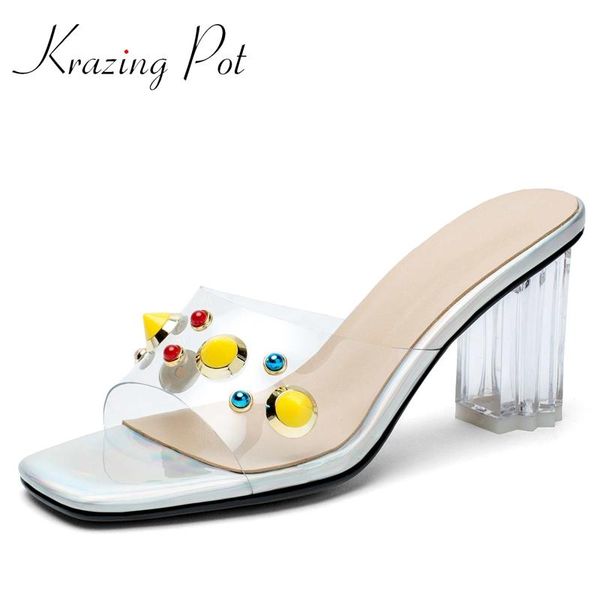 

krazing pot large size square toe high heel strang style slipper bling rivets diamond solid mules slip on summer women shoes l01 slippers, Black