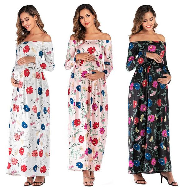 

maternity dresses flower print ruffles for po shoot off shoulder pregnancy shoulderless maxi dress women clothes, White