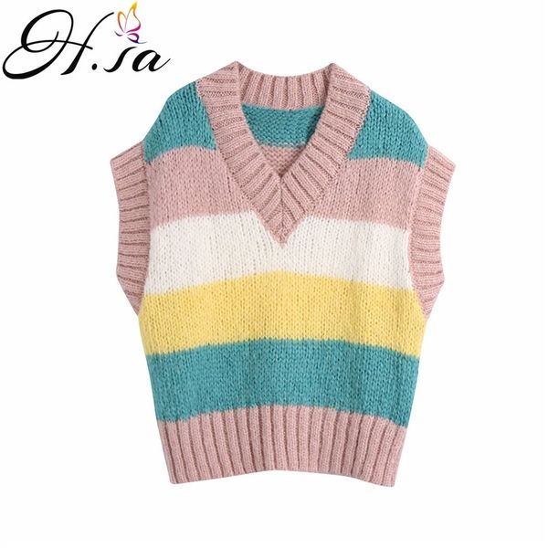 

h.sa spring and pullovers sleeveless colorful striped knitted vest v neck rainbow sweater jumpers for female 210417, White