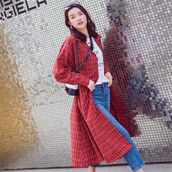 

women's trench coats 2021 spring autumn plus size fashion women loose plaid retro adjustable waist long windbreaker female coat ljj013, Tan;black