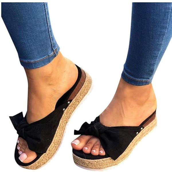 

slippers women bowknot 2021 summer casual beach muffin slip on platform ladies sandals dress party peep toe female, Black