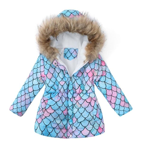 

down coat tie-dye girl windproof cotton jacket princess thick hooded faux fur collar girls outerwear playing in the snow, Blue;gray