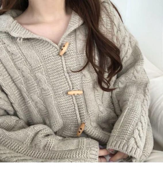 

women's knits & tees autumn 2021 style korean chic college thick wool knit cardigan oversized sweater women navy collar jacket outside, White