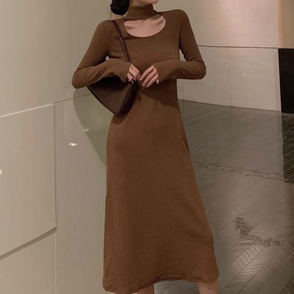 

casual dresses long sleeve sweater maxi dress 2021 autumn french vintage hollow out knitted slim a-line vestidos de mujer, Black;gray