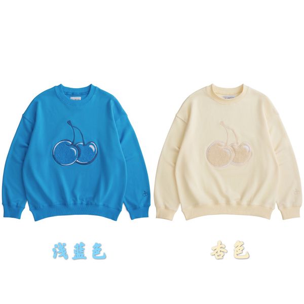 

the fine fleece hoodies autumn and winter korea chao brand super fire sweater kirsh hook hair embroidery cherry round neck shirt cream yello, Black