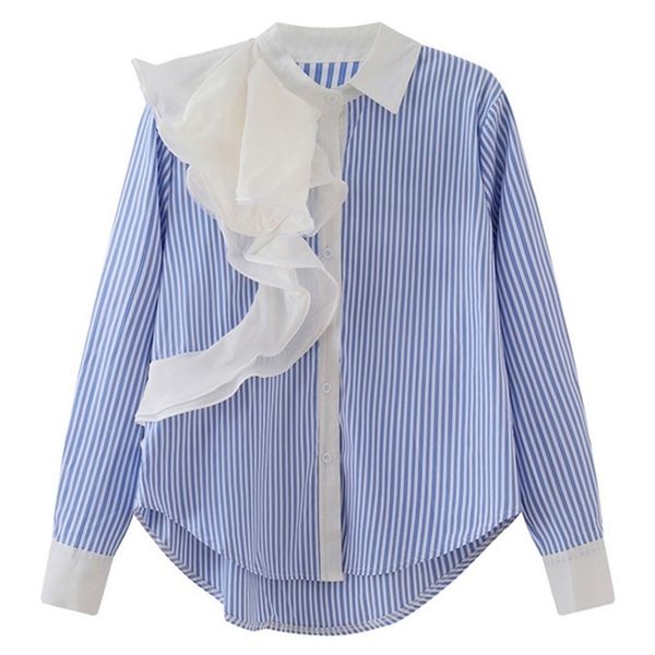 

women blue striped pattern ruffles blouse lapel long sleeve loose fit shirt fashion tide spring autumn 210416, White