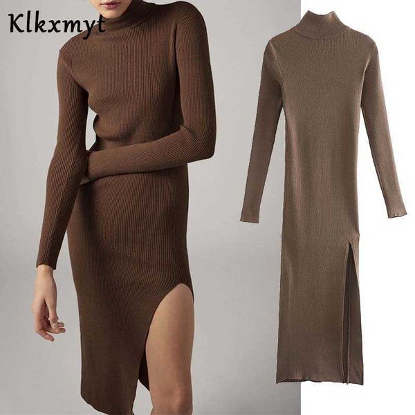 

klkxmyt za dress women chic fashion ribbing knitted midi vintage long sleeve side split female es vestidos mujer 210527, Black;gray