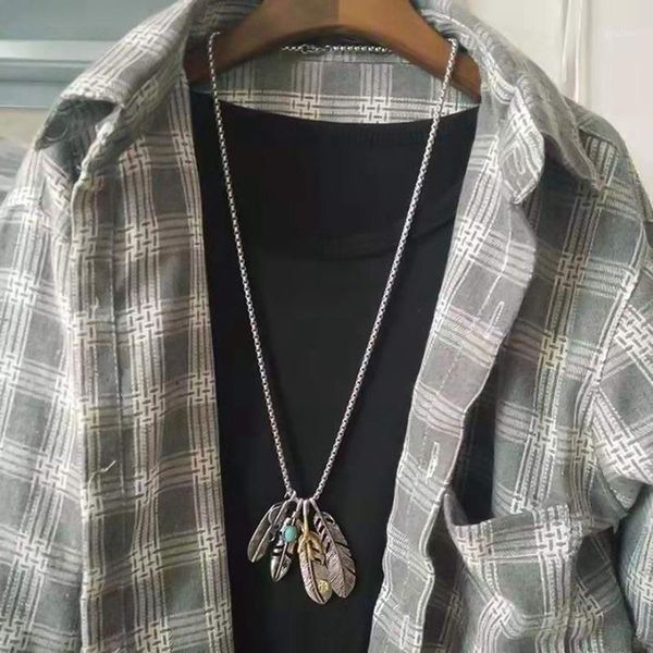 

vintage long necklace men eagle claw feather pendant necklaces male colar leaf boho summer jewelry1, Silver
