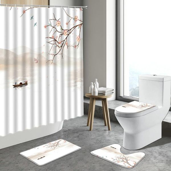 

shower curtains scenery landscape flowers curtain chinese bird watercolor painting art decor bathroom set toilet bath mats non-slip rug
