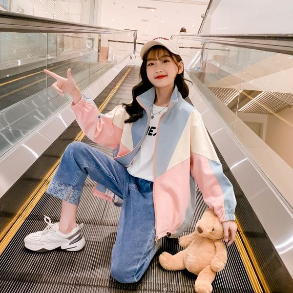 

coat 2021 autumn children's patchwork windbreaker jacket casual sportwear teenage girls trench coats kids spring outerwear clothes 14, Blue;gray