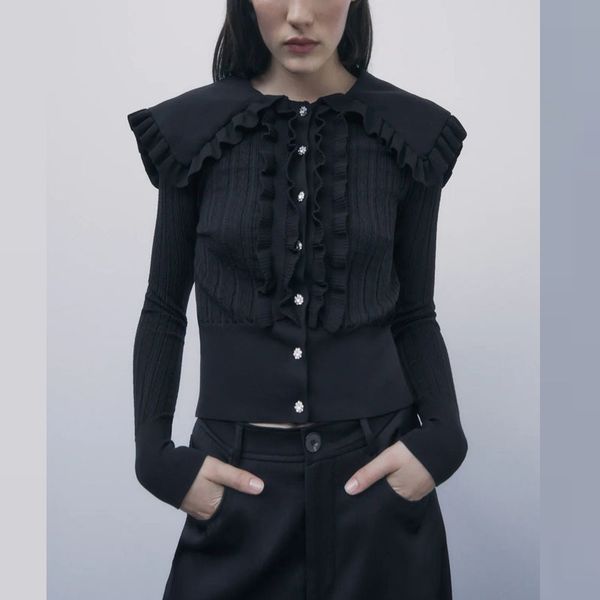 

knits pointelle knit cardigan sweater women ruffle long sleeve jewel button knitted female chic vintage black cardigans, White