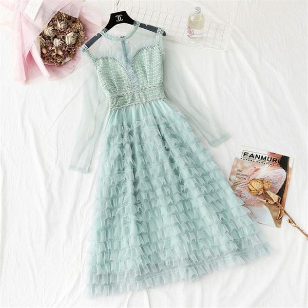 

casual dresses 2021 spring dress women long sleeve mesh big size elegant french cake lady midi-long party vestidos 1119, Black;gray